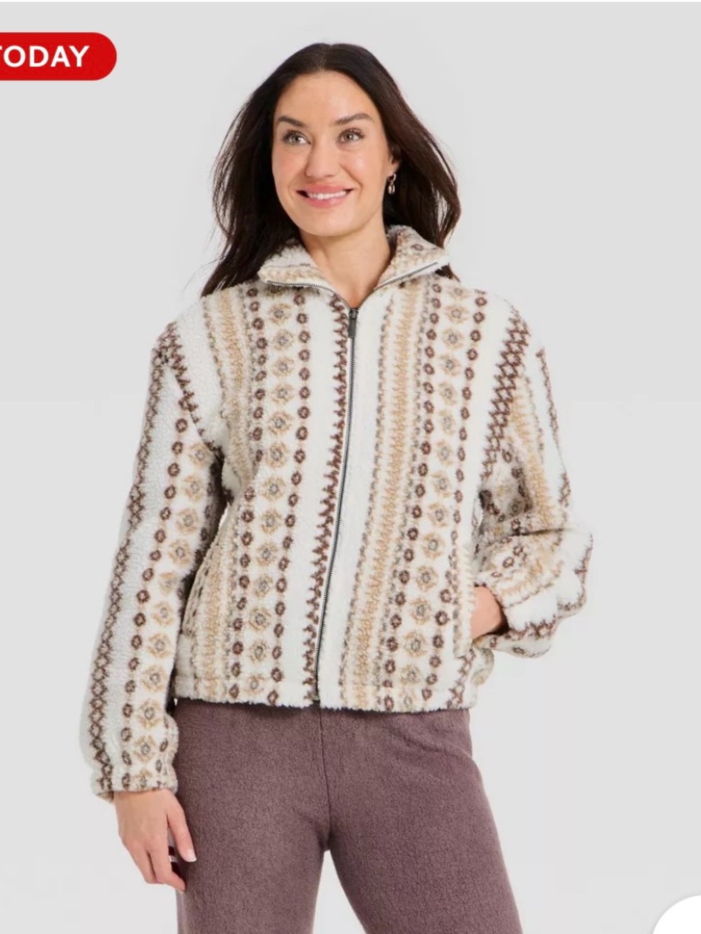 Universal Thread Patterned Sherling Zip Jacket - Cream & Brown